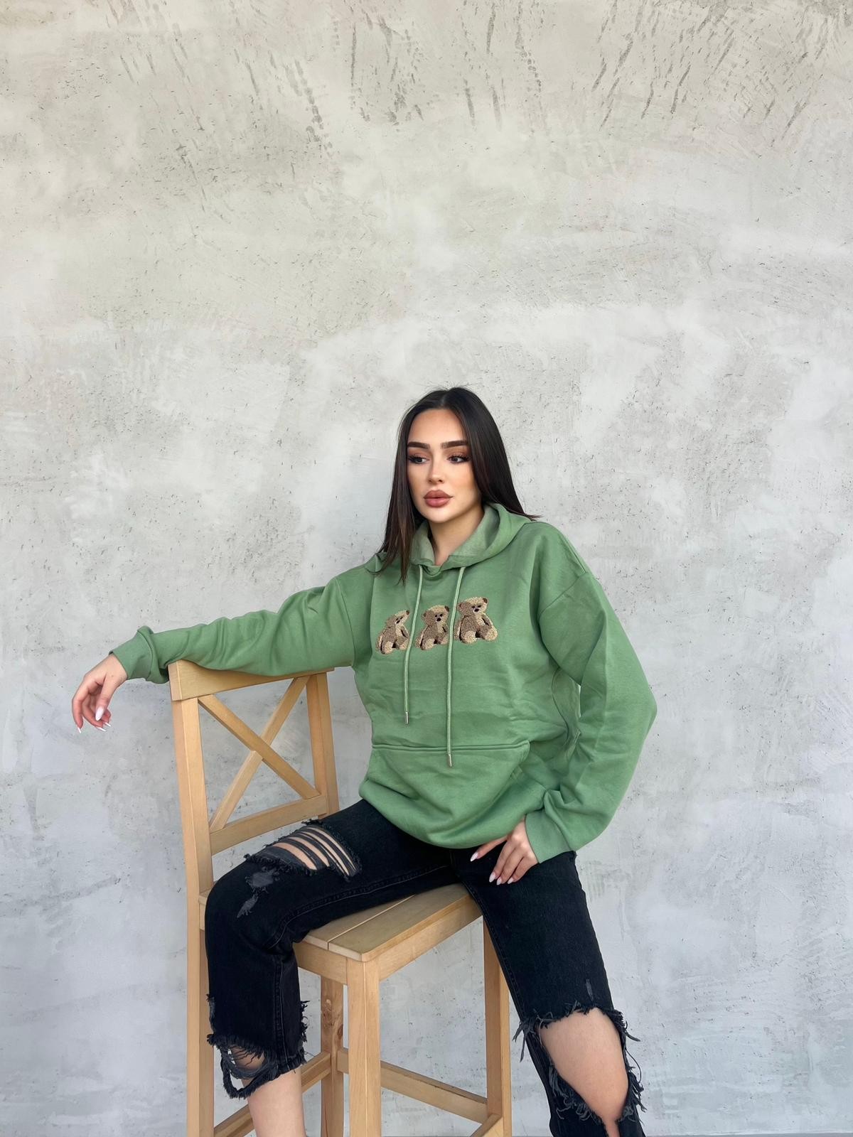 Kadın Ayıcık Desenli Kapşonlu Sweatshirt