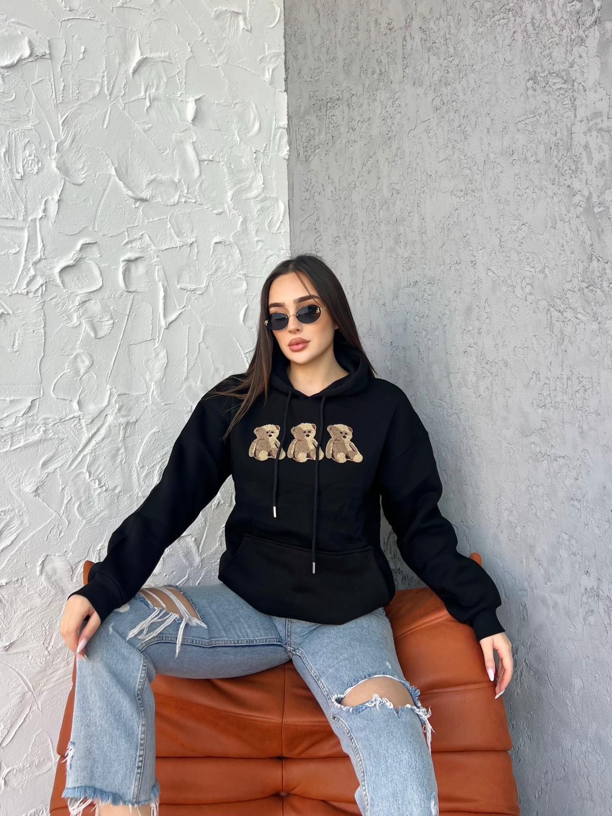 Kadın Ayıcık Desenli Kapşonlu Sweatshirt - SİYAH