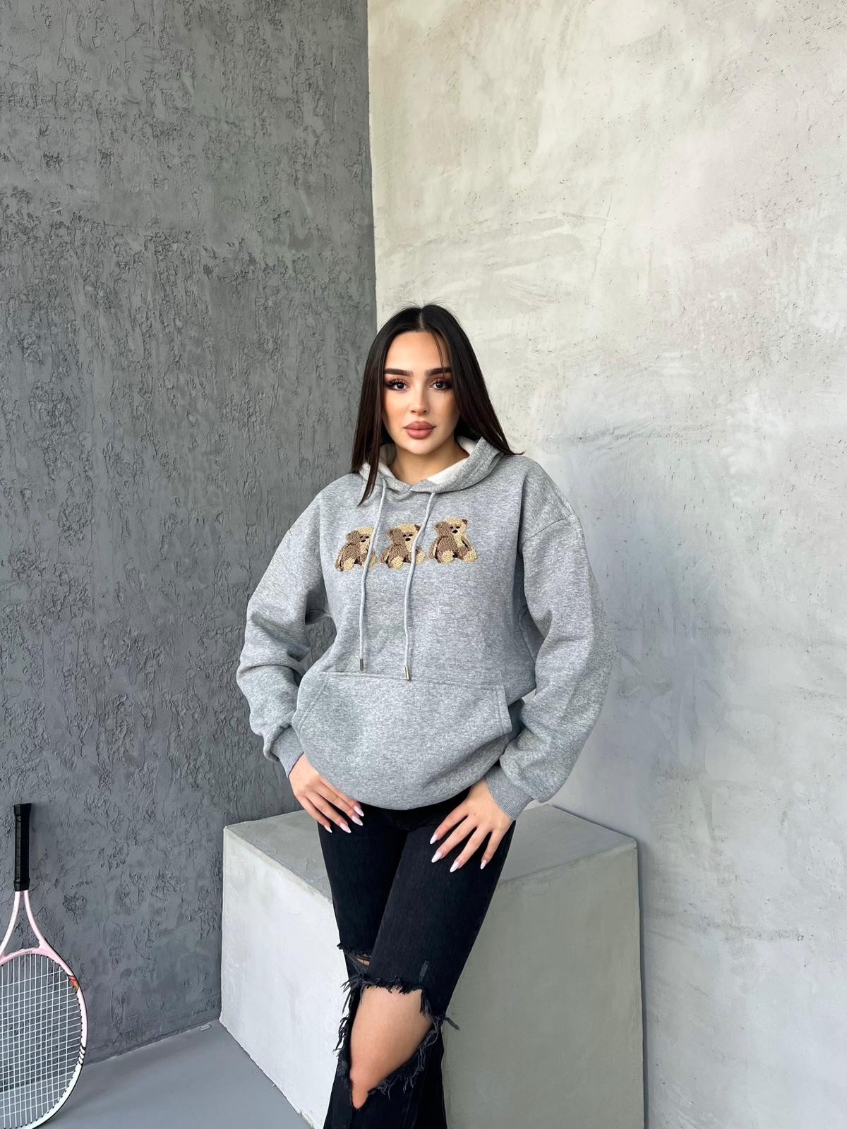 Kadın Ayıcık Desenli Kapşonlu Sweatshirt - GRİ