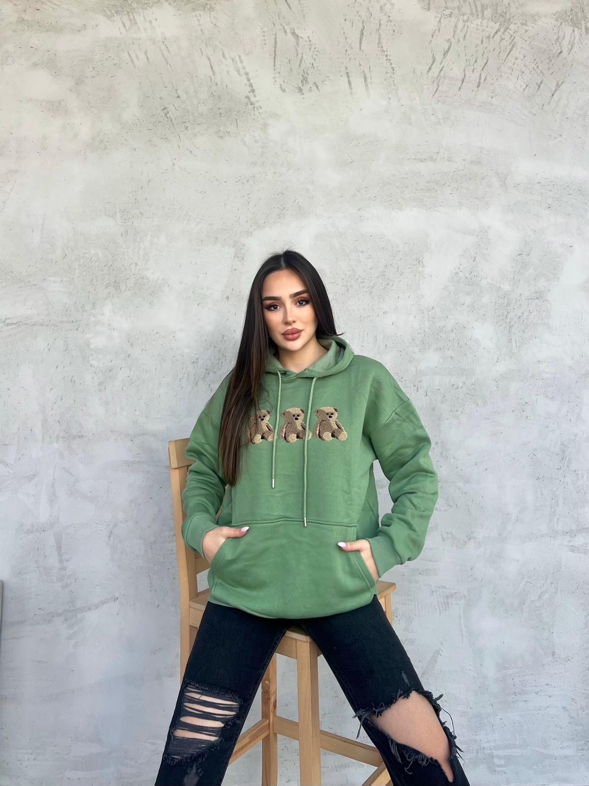 Kadın Ayıcık Desenli Kapşonlu Sweatshirt - Yeşil