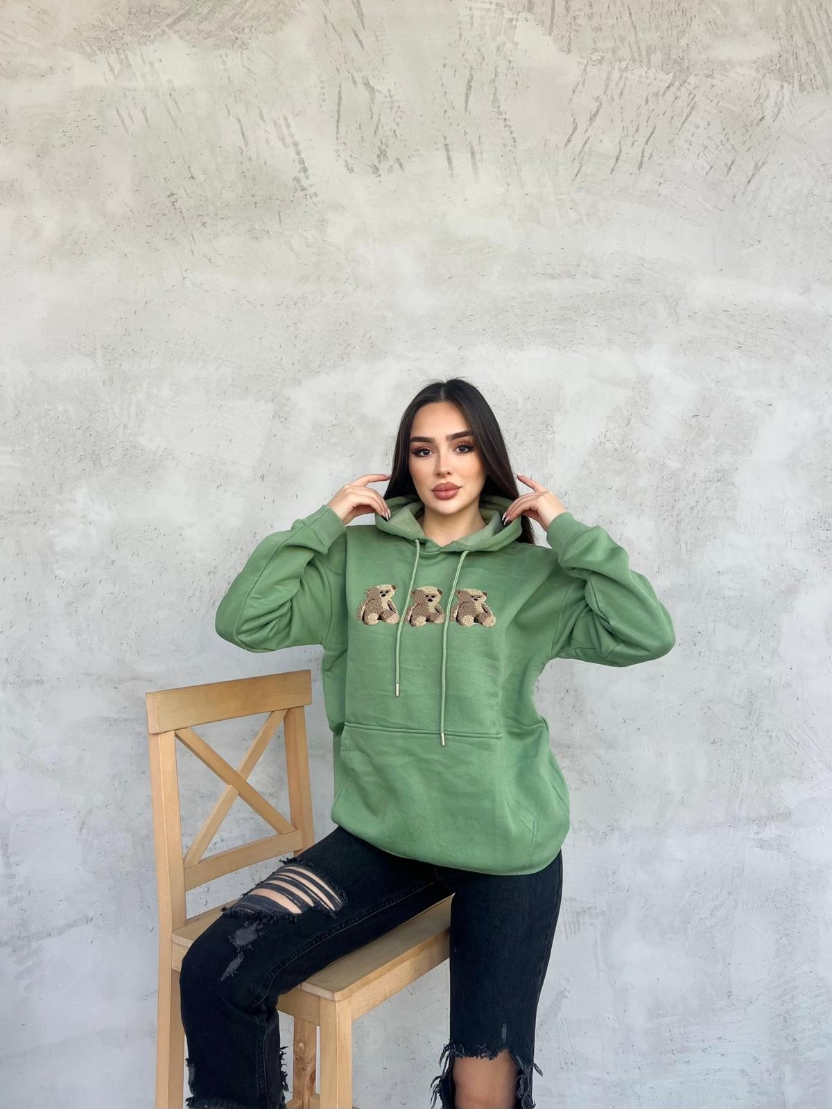 Kadın Ayıcık Desenli Kapşonlu Sweatshirt