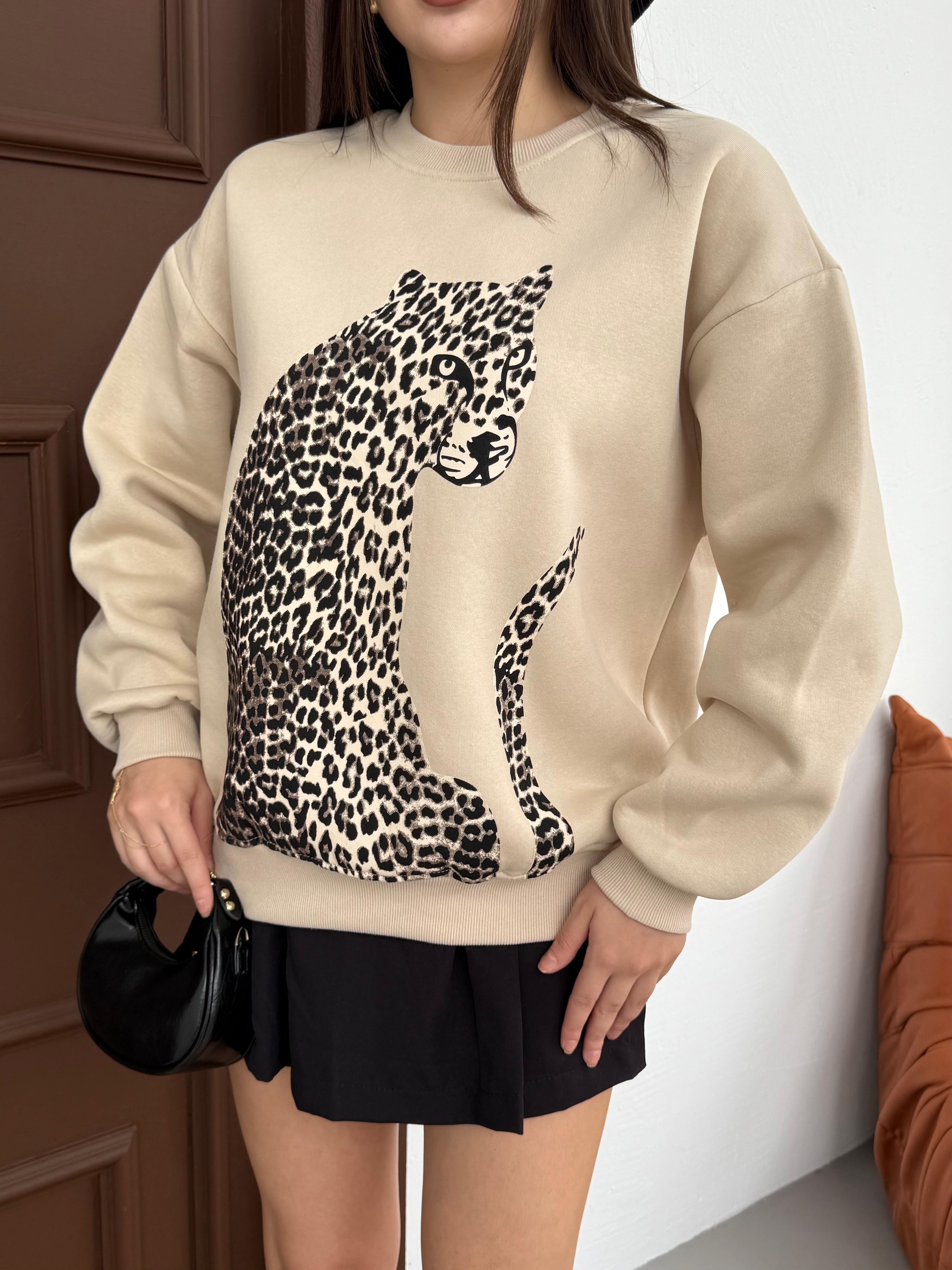 Kadın Leopar Baskılı Oversize Şardonlu Örme Sweatshirt