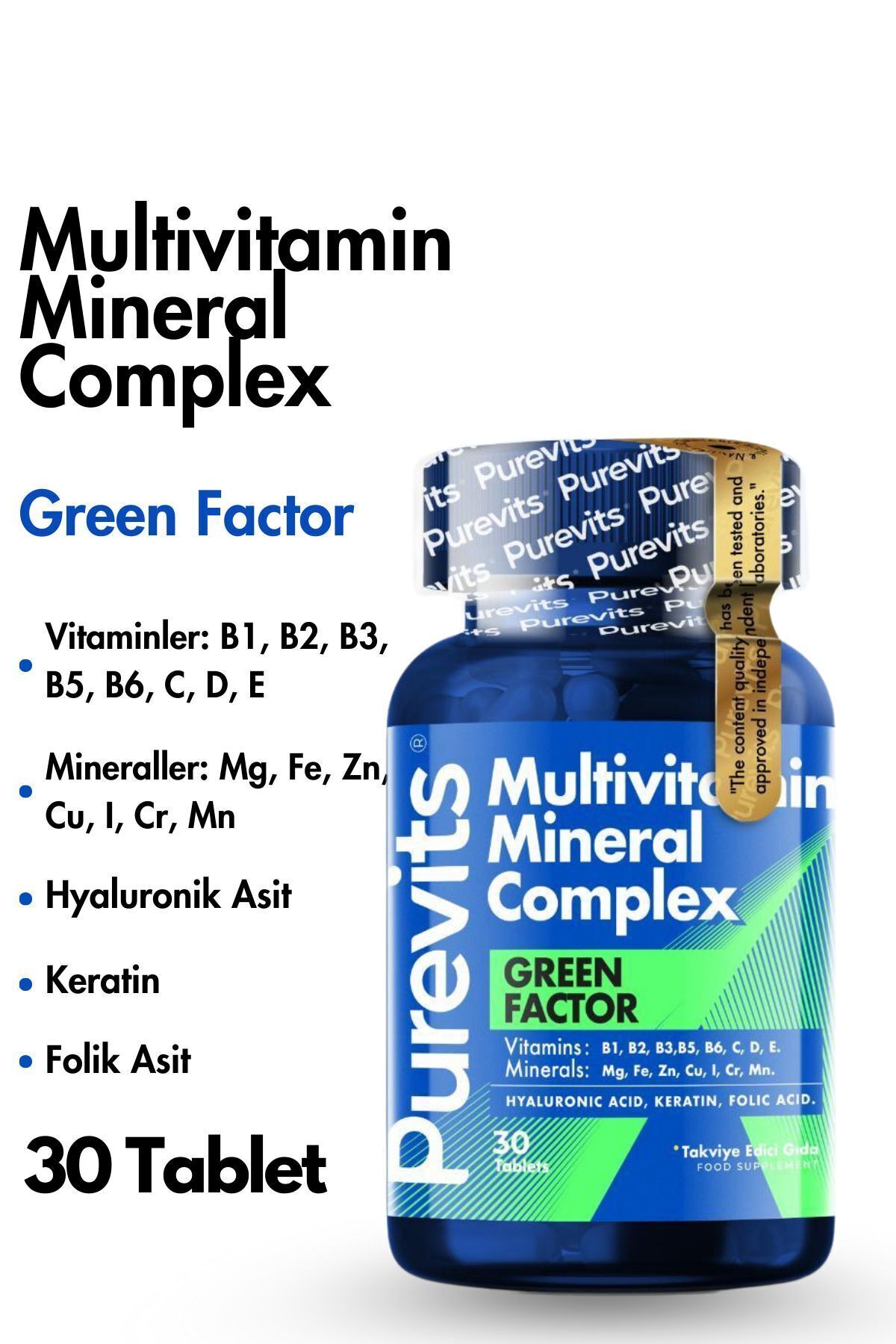 Green Factor Multivitamin Mineral Complex - Keratin - Hyaluronik Asit – Folik Asit - 30 Adet