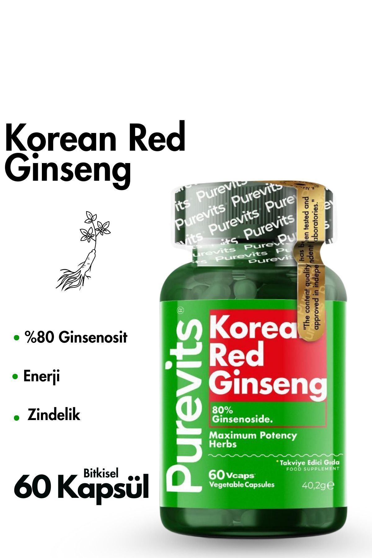 Kırmızı Kore Ginseng- Korean Red Ginseng 500 Mg – 60 Vegan Kapsül