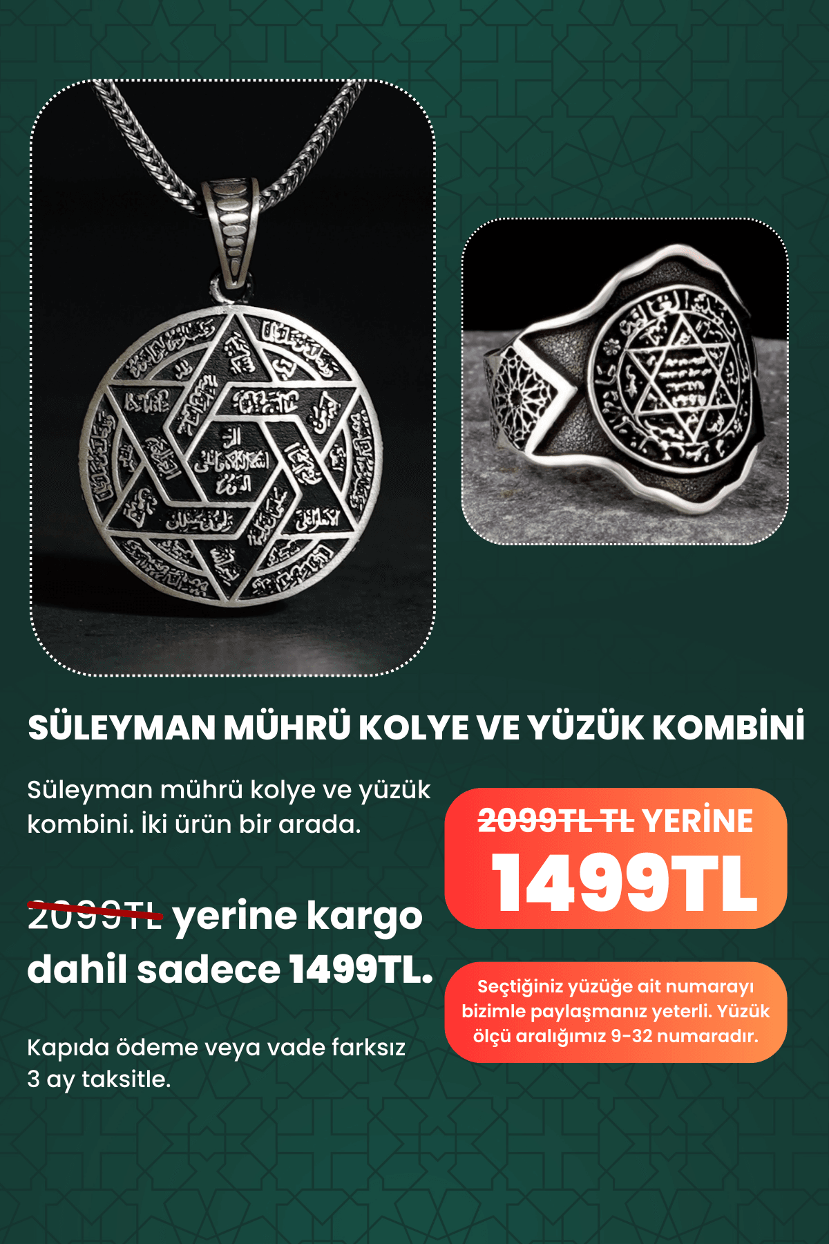 925 AYAR GÜMÜŞ SÜLEYMAN MÜHRÜ YÜZÜK VE KOLYE KOMBİNİ