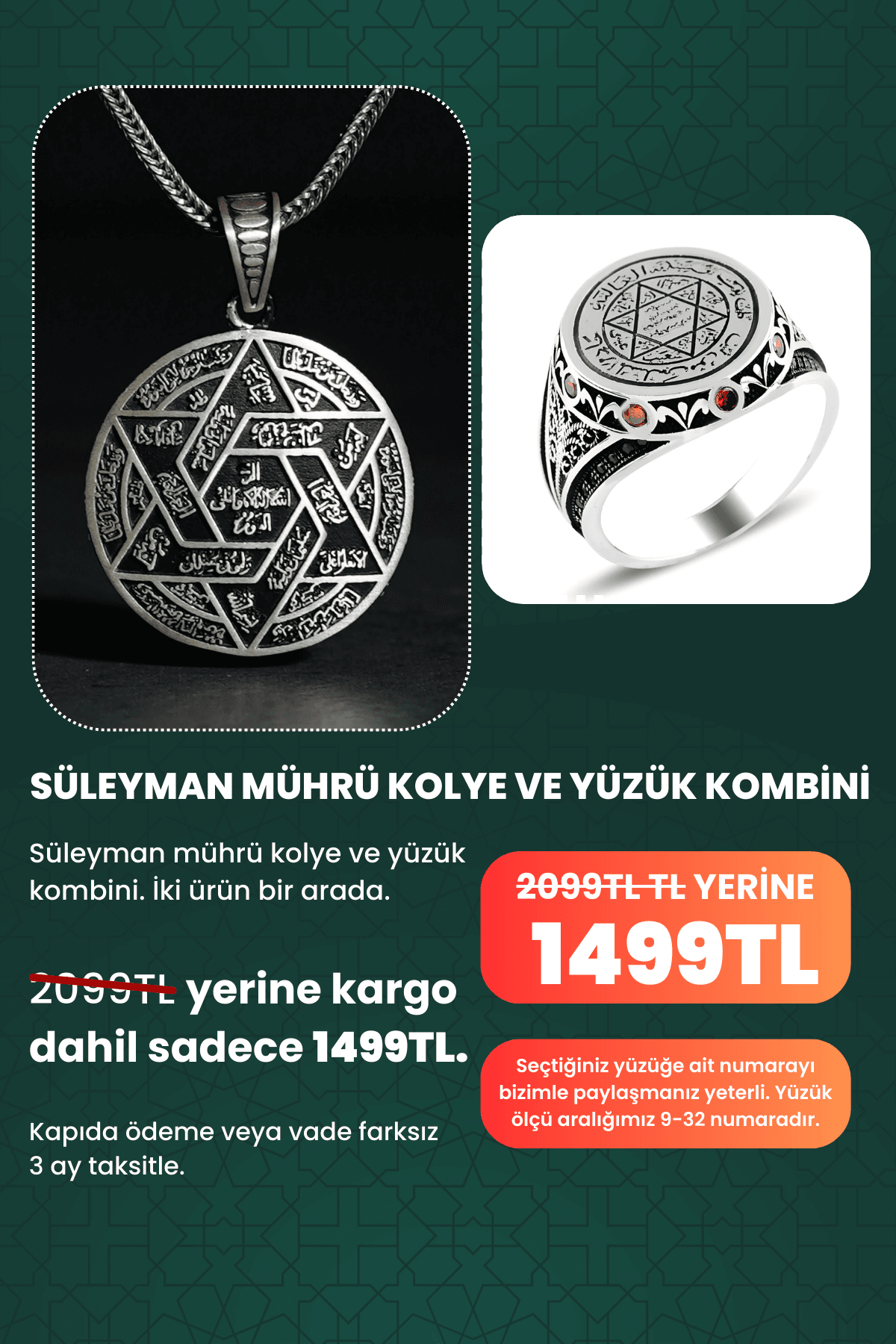 925 AYAR GÜMÜŞ SÜLEYMAN MÜHRÜ YÜZÜK VE KOLYE KOMBİNİ