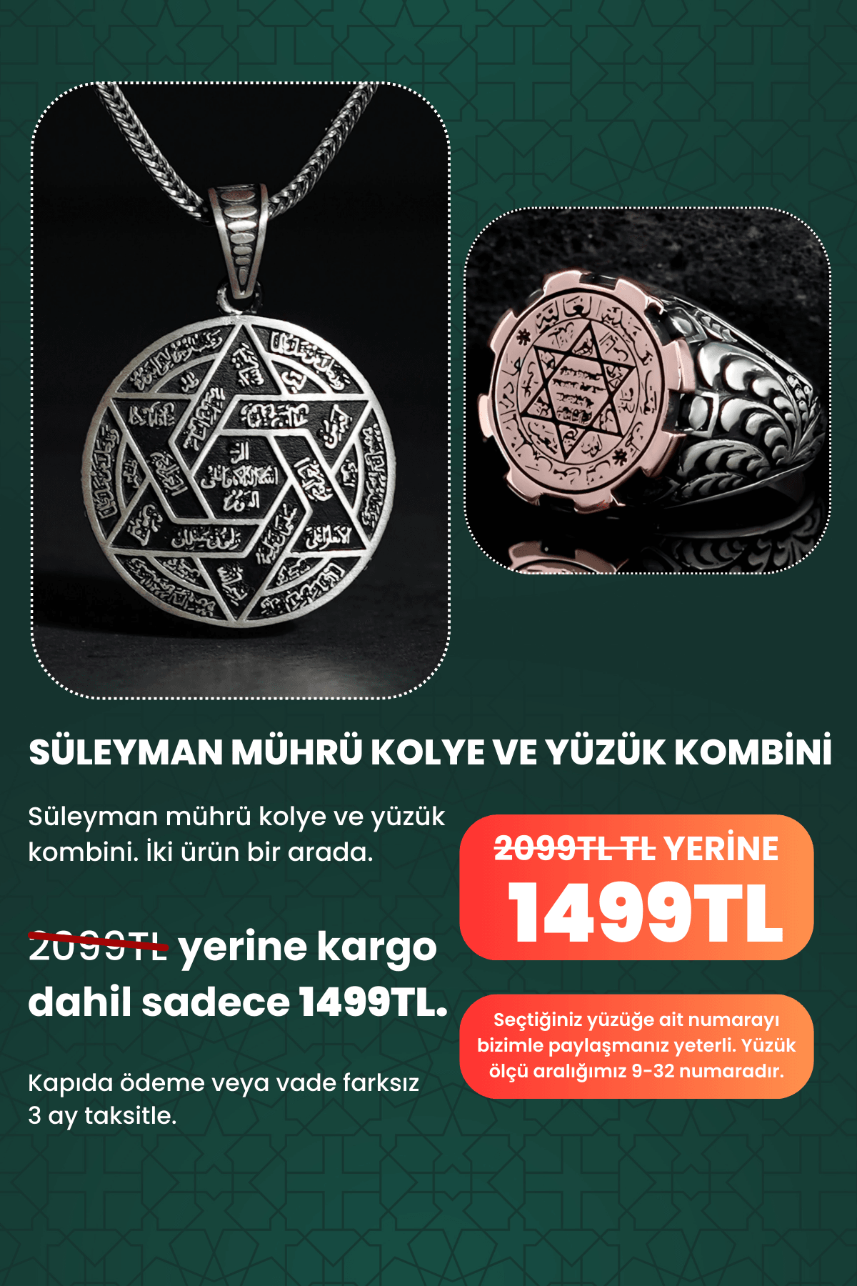 925 AYAR GÜMÜŞ SÜLEYMAN MÜHRÜ YÜZÜK VE KOLYE KOMBİNİ