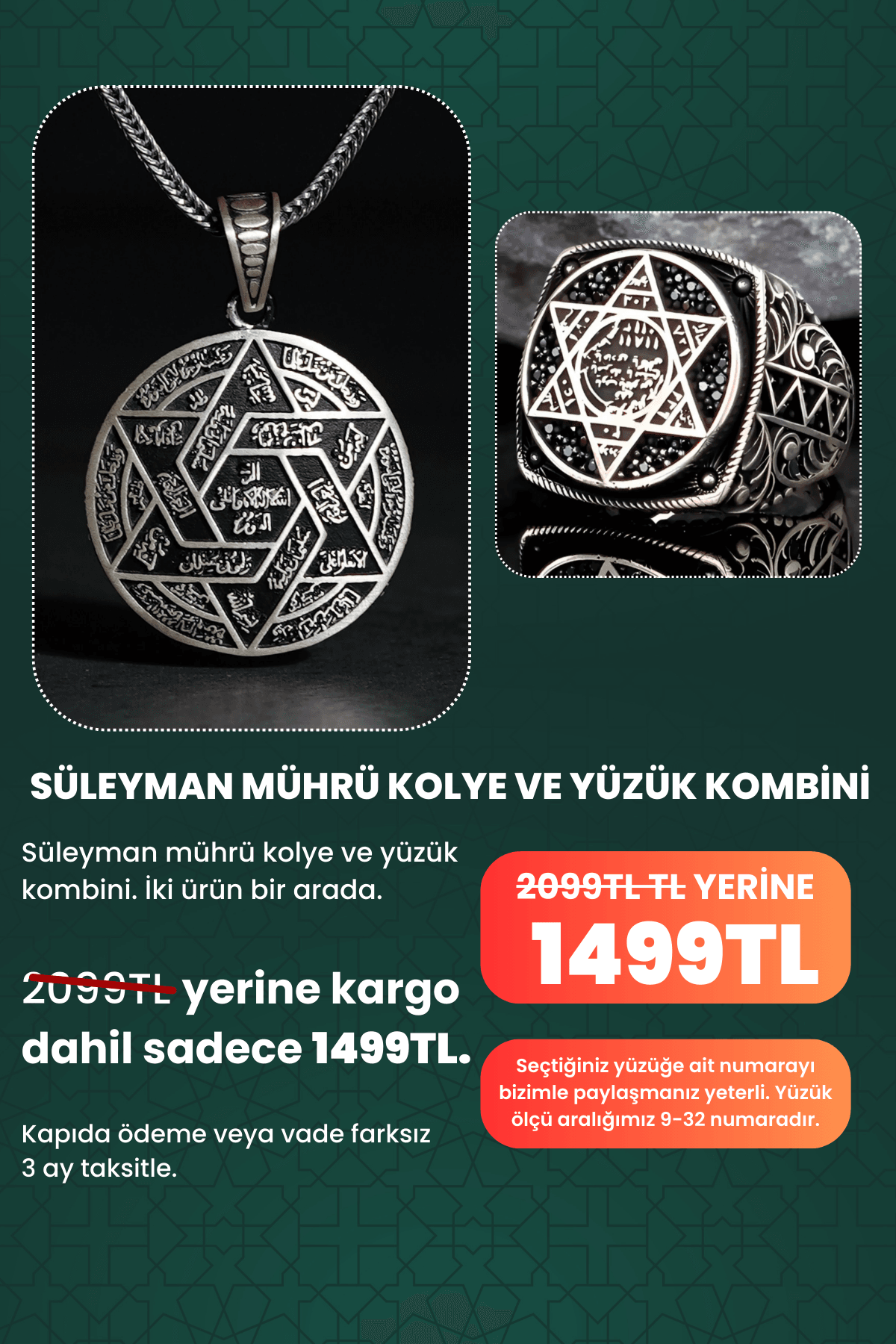 925 AYAR GÜMÜŞ SÜLEYMAN MÜHRÜ YÜZÜK VE KOLYE KOMBİNİ