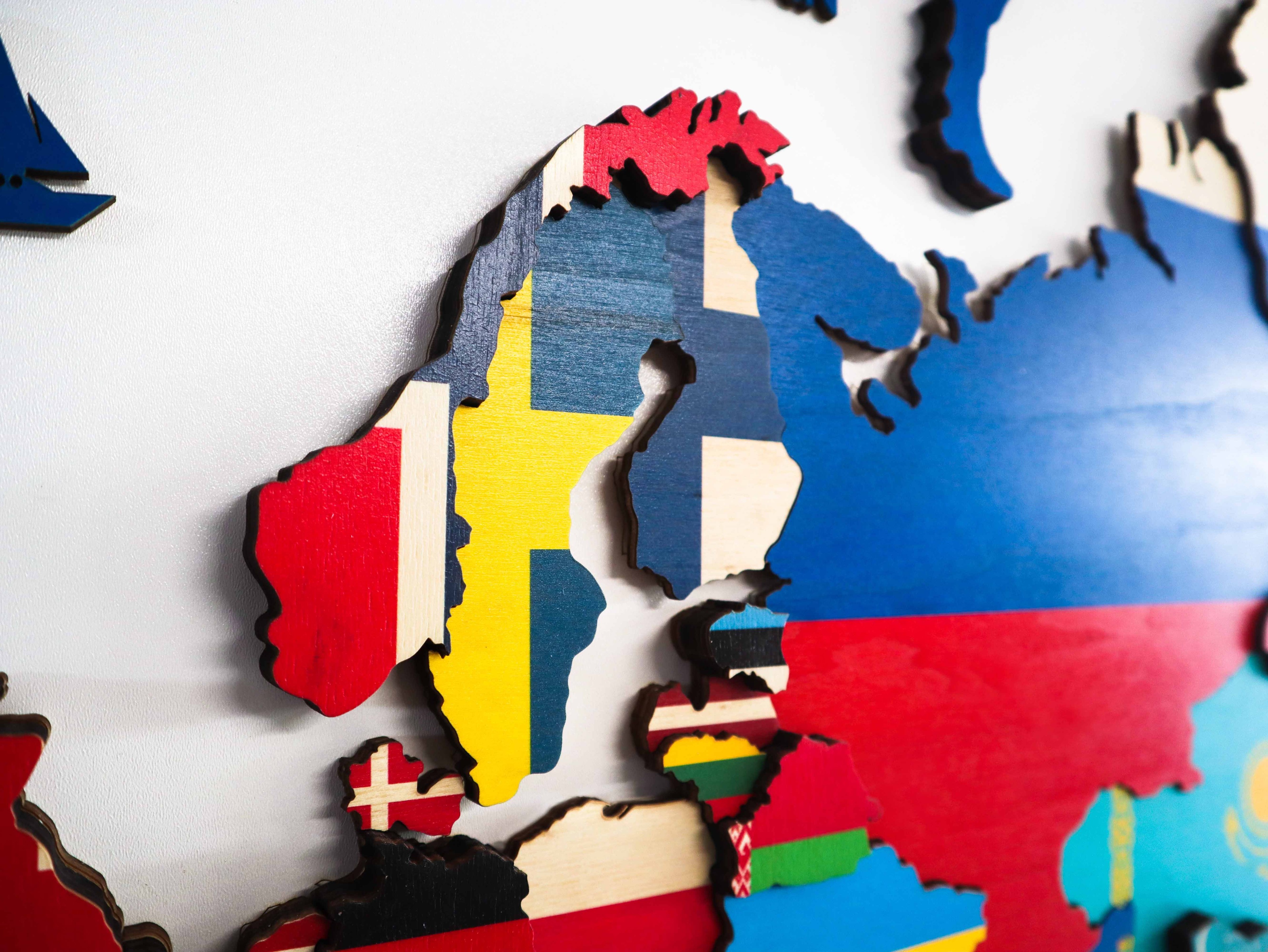 Flagged Wooden World Map