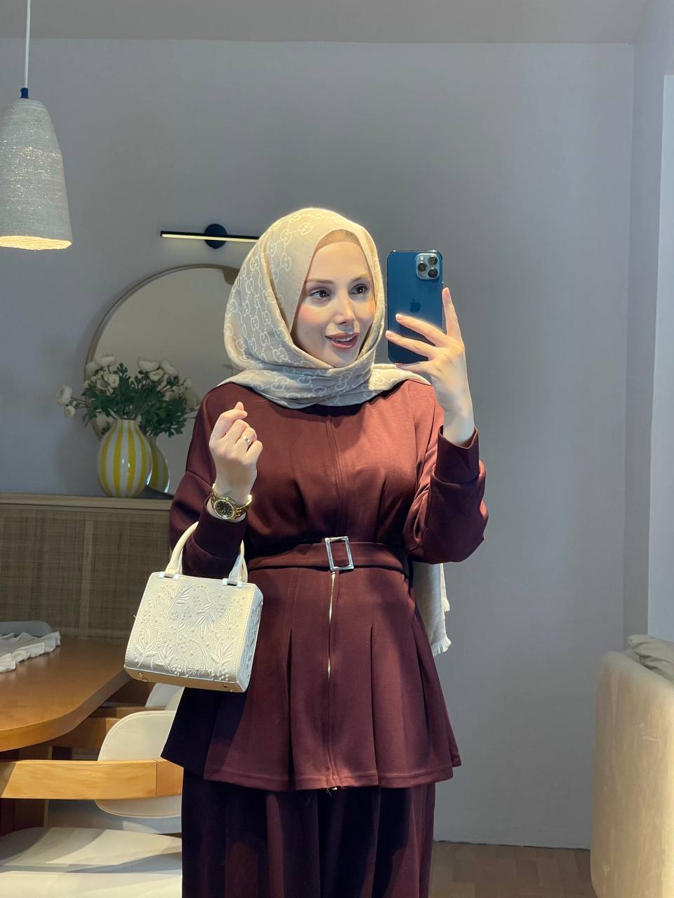 Kemer Detaylı Geniş Pantolonlu Takım - Bordo