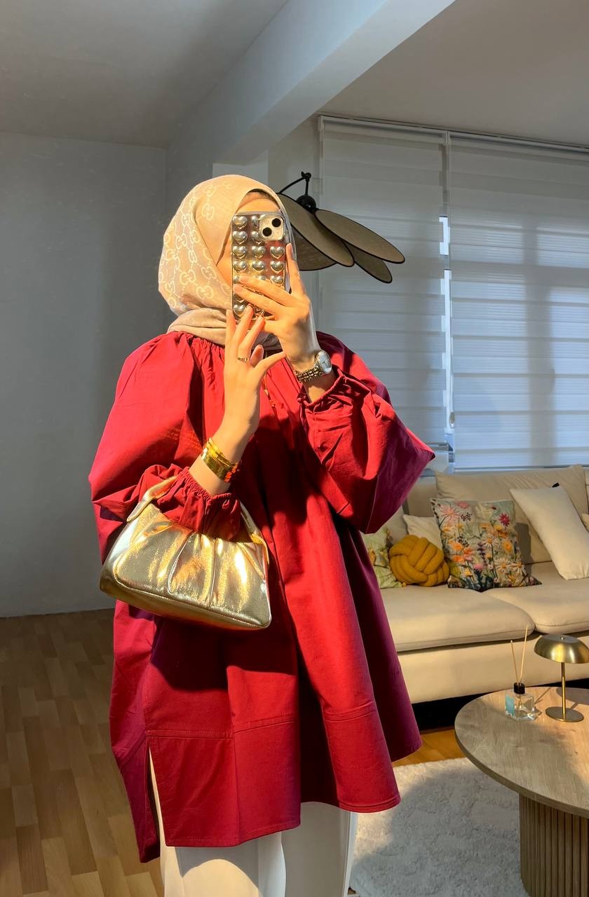 Volanlı Balon Kol Bordo Tunik