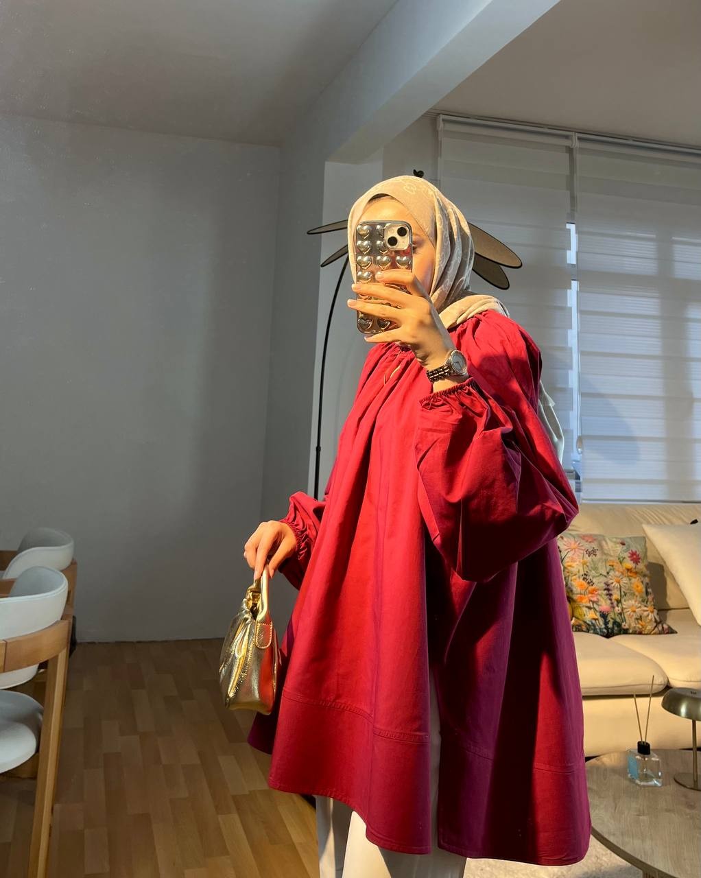 Volanlı Balon Kol Bordo Tunik