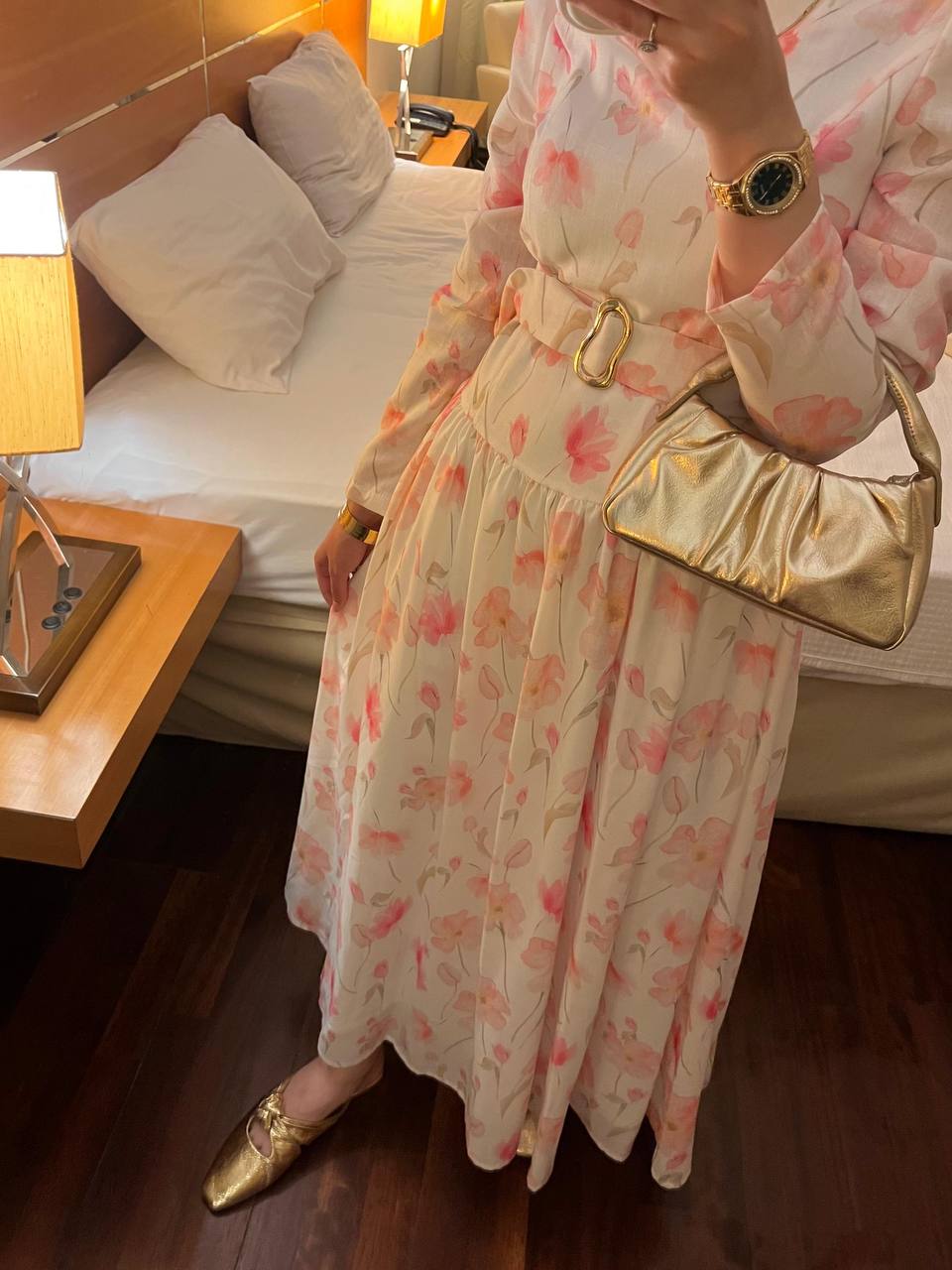 Kemer Detaylı Desenli Keten Elbise