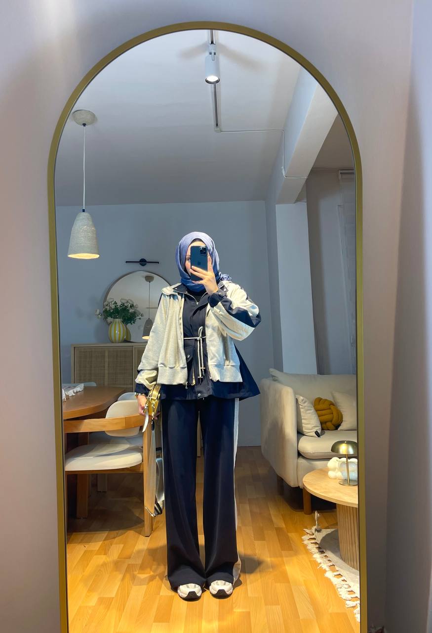 Lacivert Gri Kapüşonlu Garnili Takım