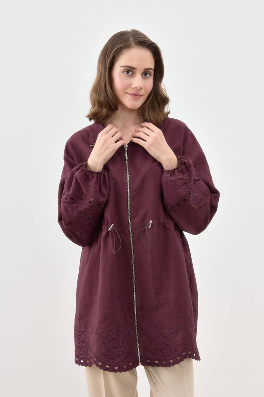 Nakış Detaylı Fermuarlı Mürdüm Ceket