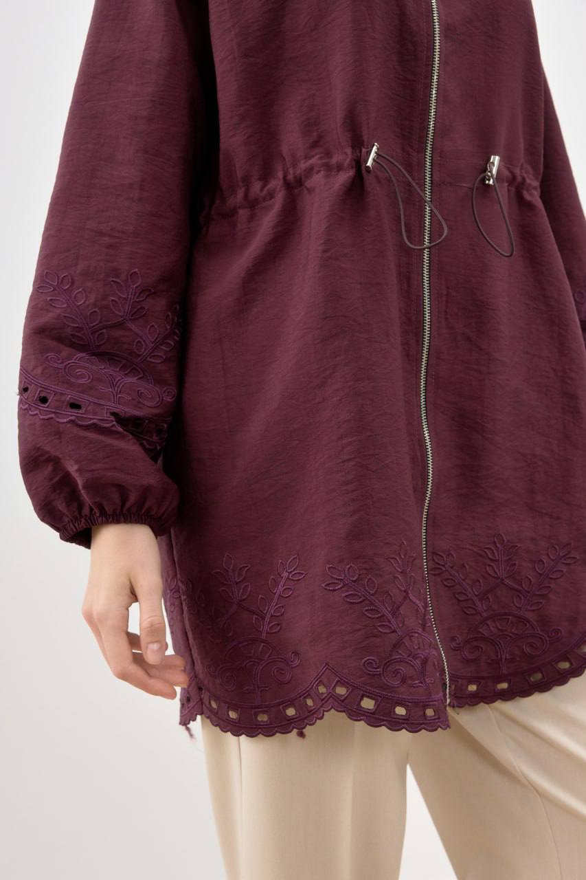 Nakış Detaylı Fermuarlı Mürdüm Ceket
