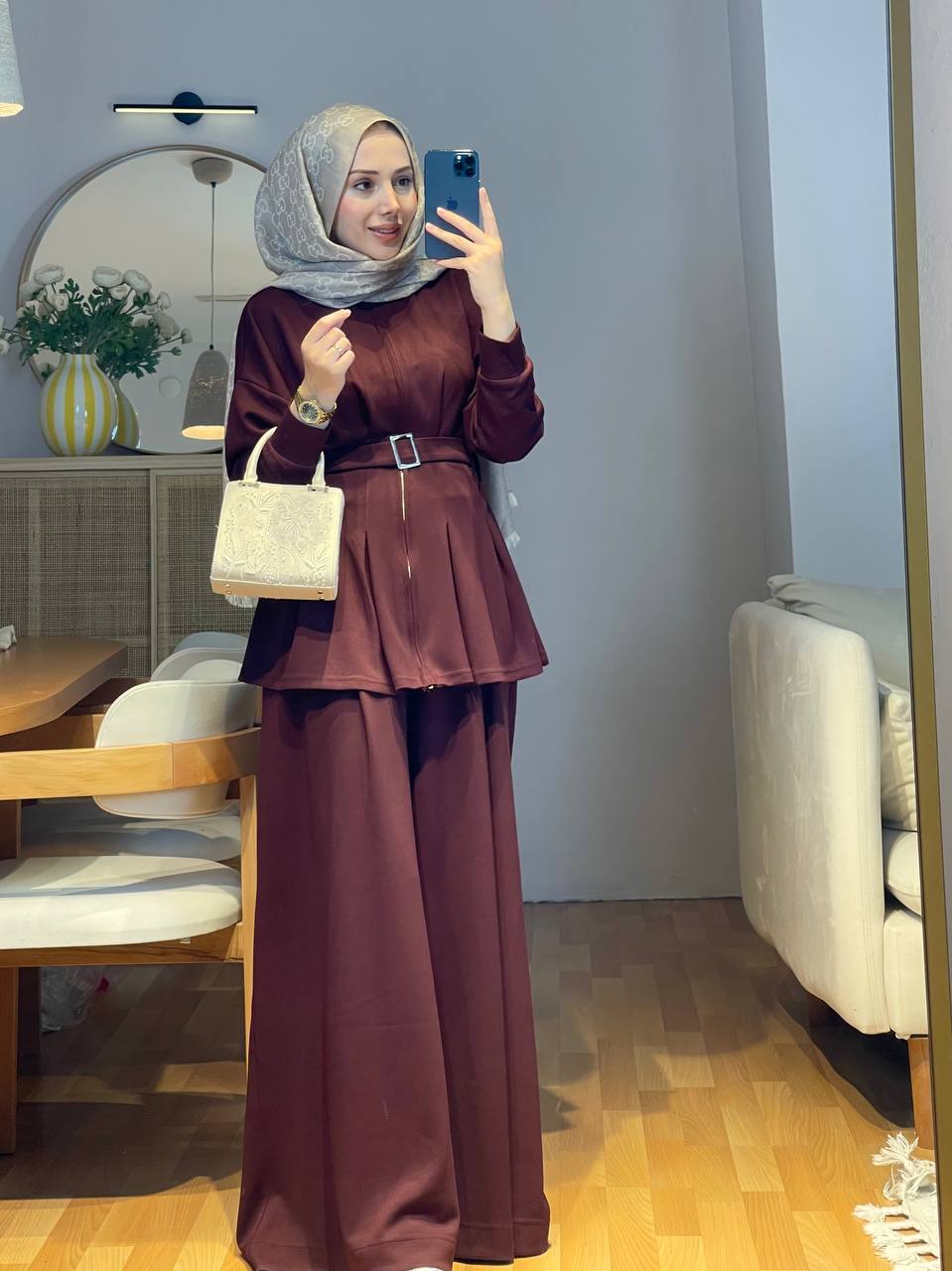 Kemer Detaylı Geniş Pantolonlu Takım - Bordo