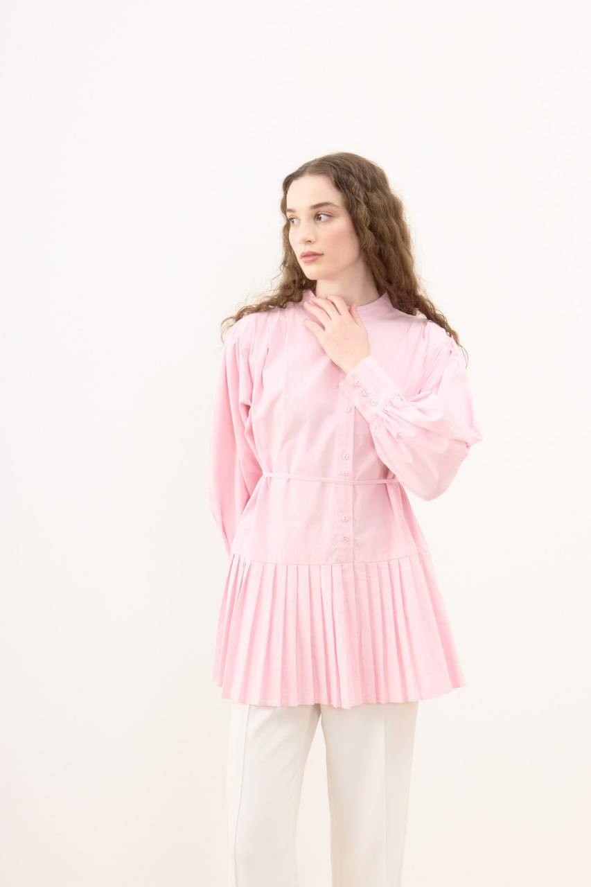 Piliseli Detaylı Bağlamalı Pembe Tunik