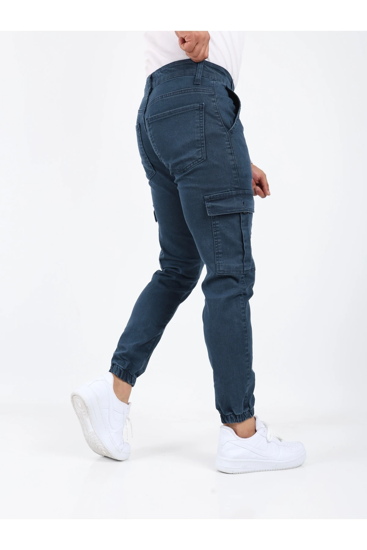 Erkek Kargo Cepli Gabardin Paça Lastikli Mavi Pantolon