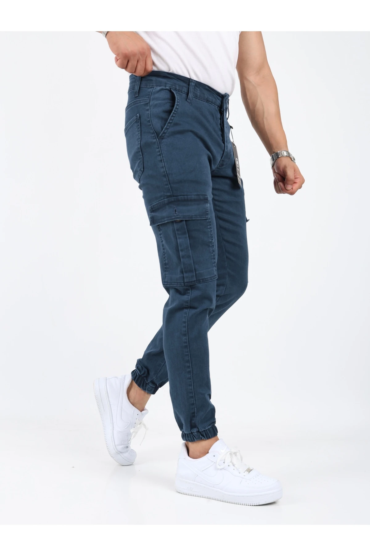Erkek Kargo Cepli Gabardin Paça Lastikli Mavi Pantolon