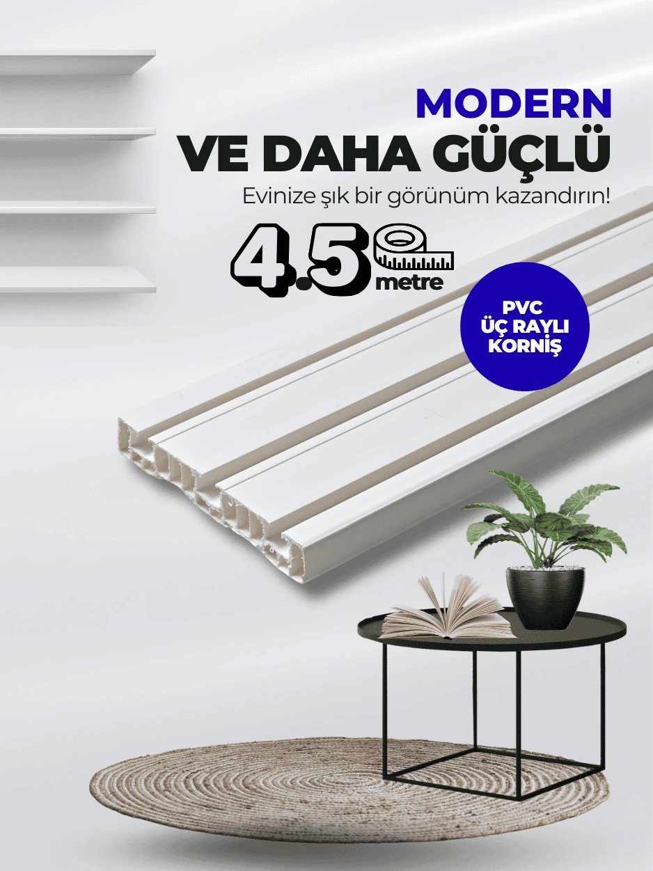 Lüx 4,5 Metre 3 Kanallı Yüksek Kalite PVC Perde Korniş
