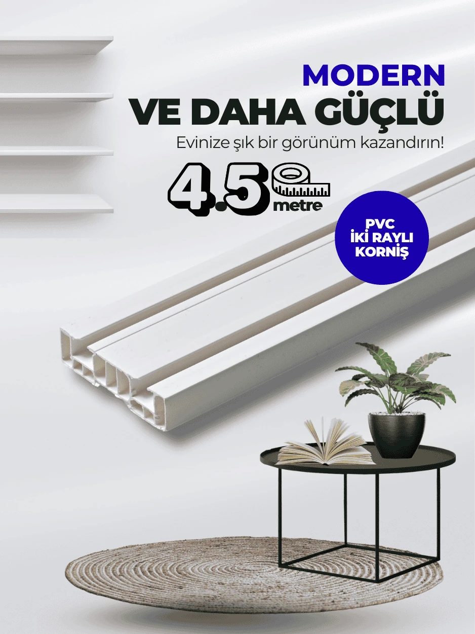 Lüx 4.5 Metre Çift Raylı Yüksek Kalite PVC Perde Korniş Montaj Setli