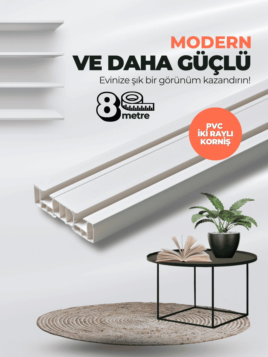 Ekonomik 8 Metre 2 Raylı Ekstra Uzun 1.Sınıf PVC Perde Rayı 