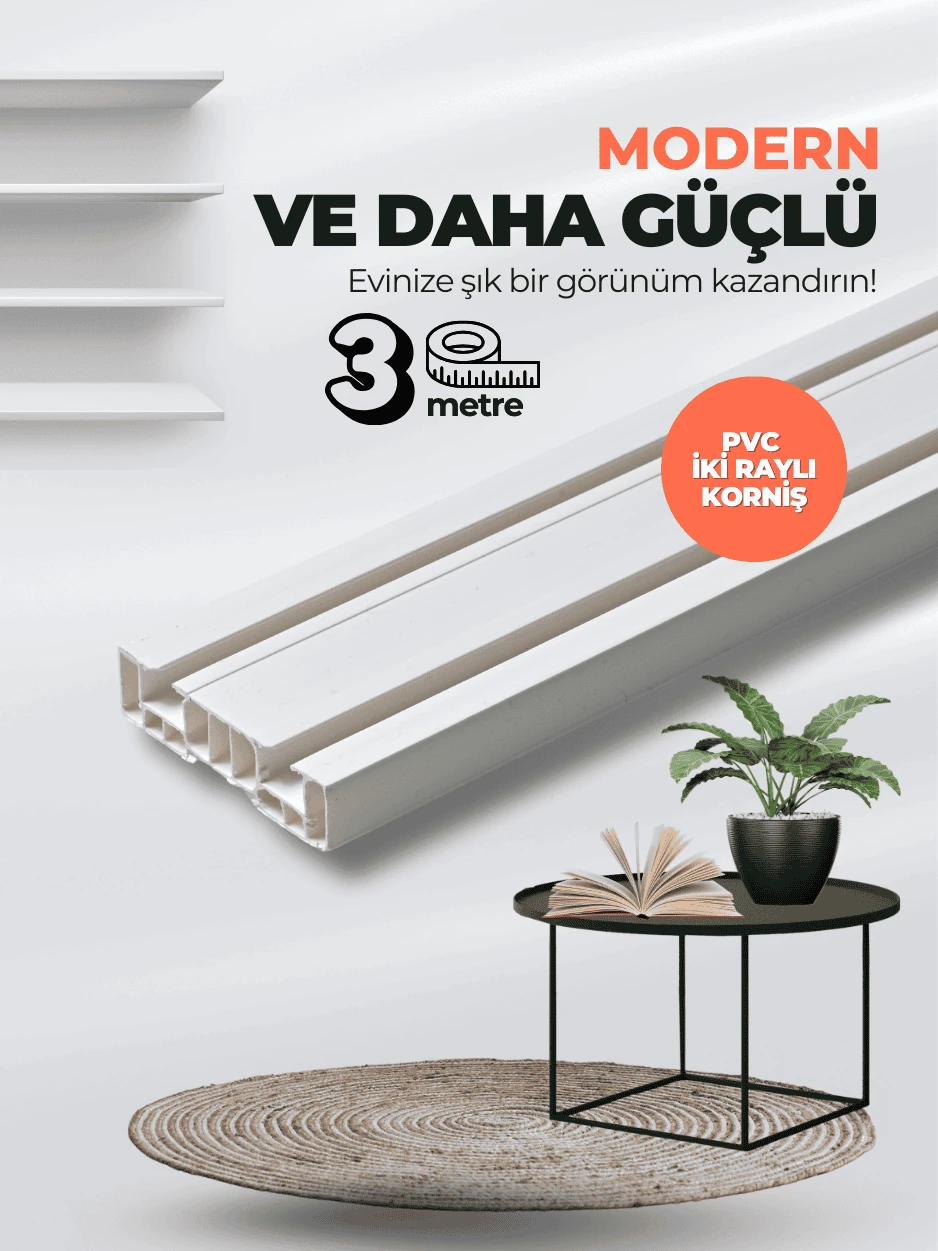 Ekonomik 3 Metre Çift Kanallı Dayanıklı PVC Korniş Hafif Perdeler İçin
