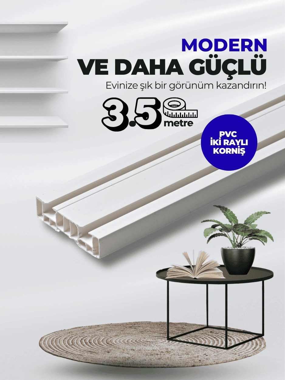 Lüx 3.5 Metre 2 Raylı Dayanıklı PVC Korniş Montaj Setli