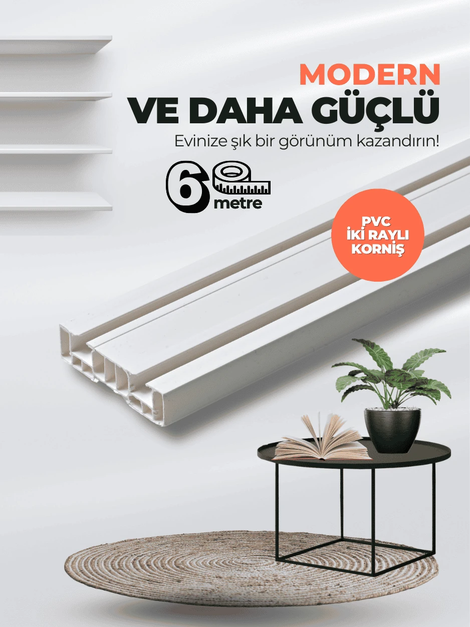 Eko 6 Metre Çift Raylı Birinci Sınıf Güçlü PVC Korniş Hafif Perdeler Uyumlu