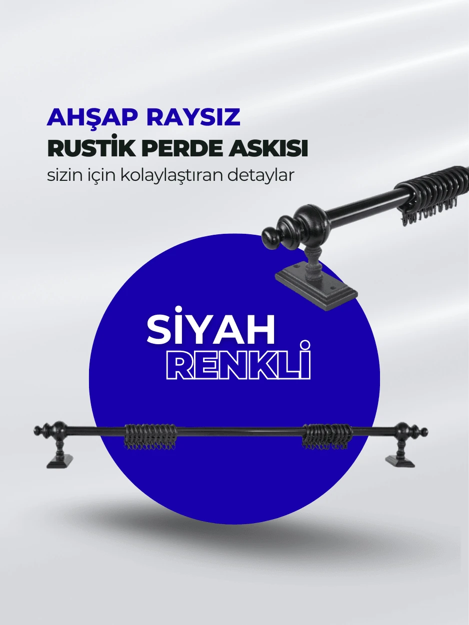 Siyah Ahşap Rustik Perde Askısı – Dekoratif Rustik Boru (Raysız)