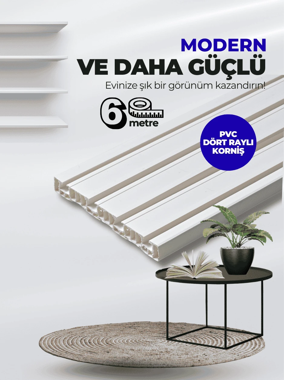 Lüks 6 Metre 4 Raylı Uzun Premium PVC Perde Tutucu Korniş 
