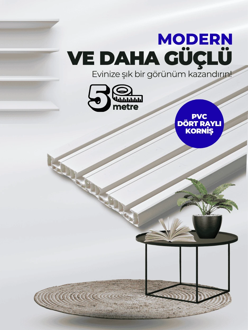 Lüx 5 Metre 4 Raylı Premium PVC Kalın Perdeler İçin Tutucu Ray Korniş