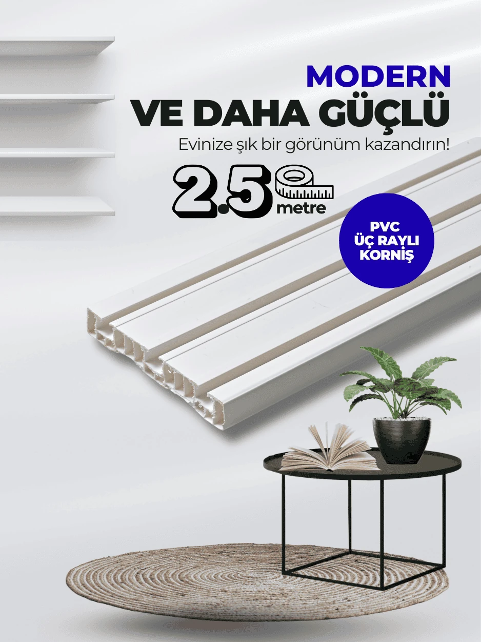 Lüks 2,5 Metre 3 Kanallı Dayanıklı PVC Perde Tutucu 