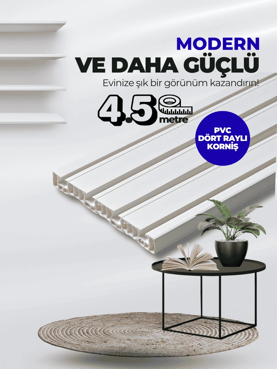 Lüx 4,5 Metre 4 Raylı Uzun Birinci Sınıf PVC Perde Korniş 