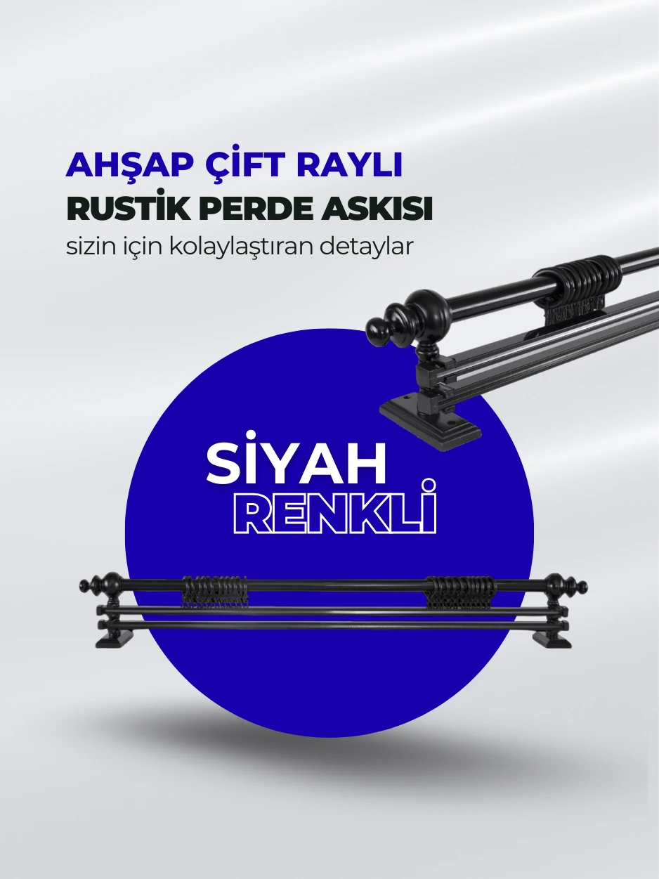 Siyah Ahşap Rustik Perde Askısı - Çift Raylı Rustik Borusu
