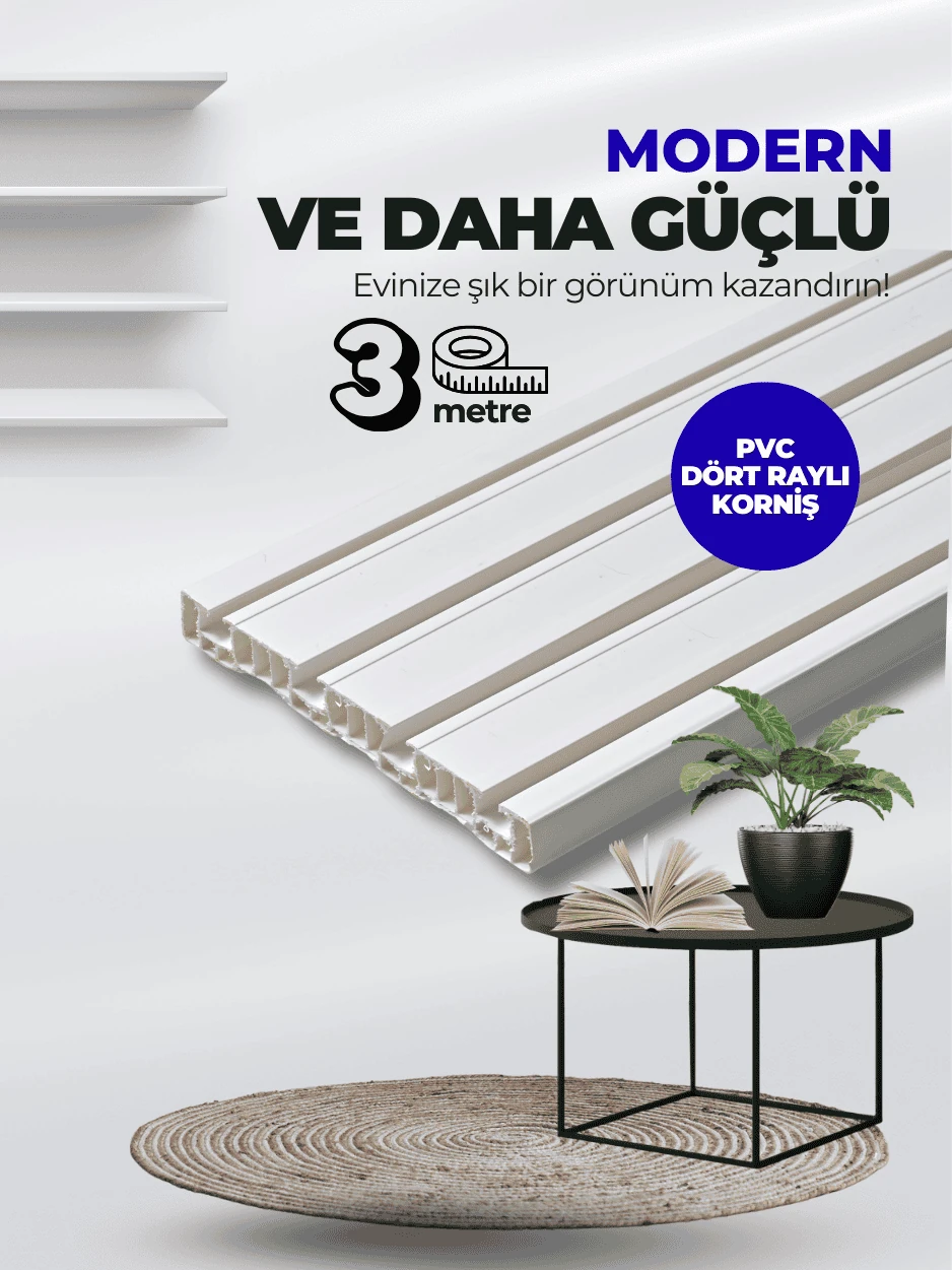 Lüks 3 Metre 4 Raylı Premium Çok Kanallı PVC Perde Rayı 
