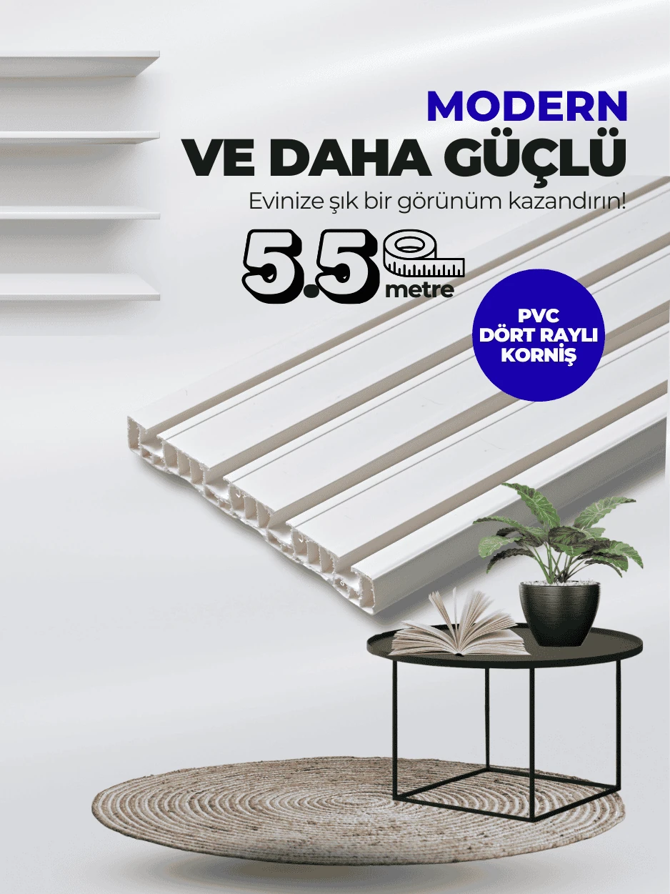Lüx 5,5 Metre 4 Kanallı Yüksek Kalite PVC Perde Tutucu Korniş