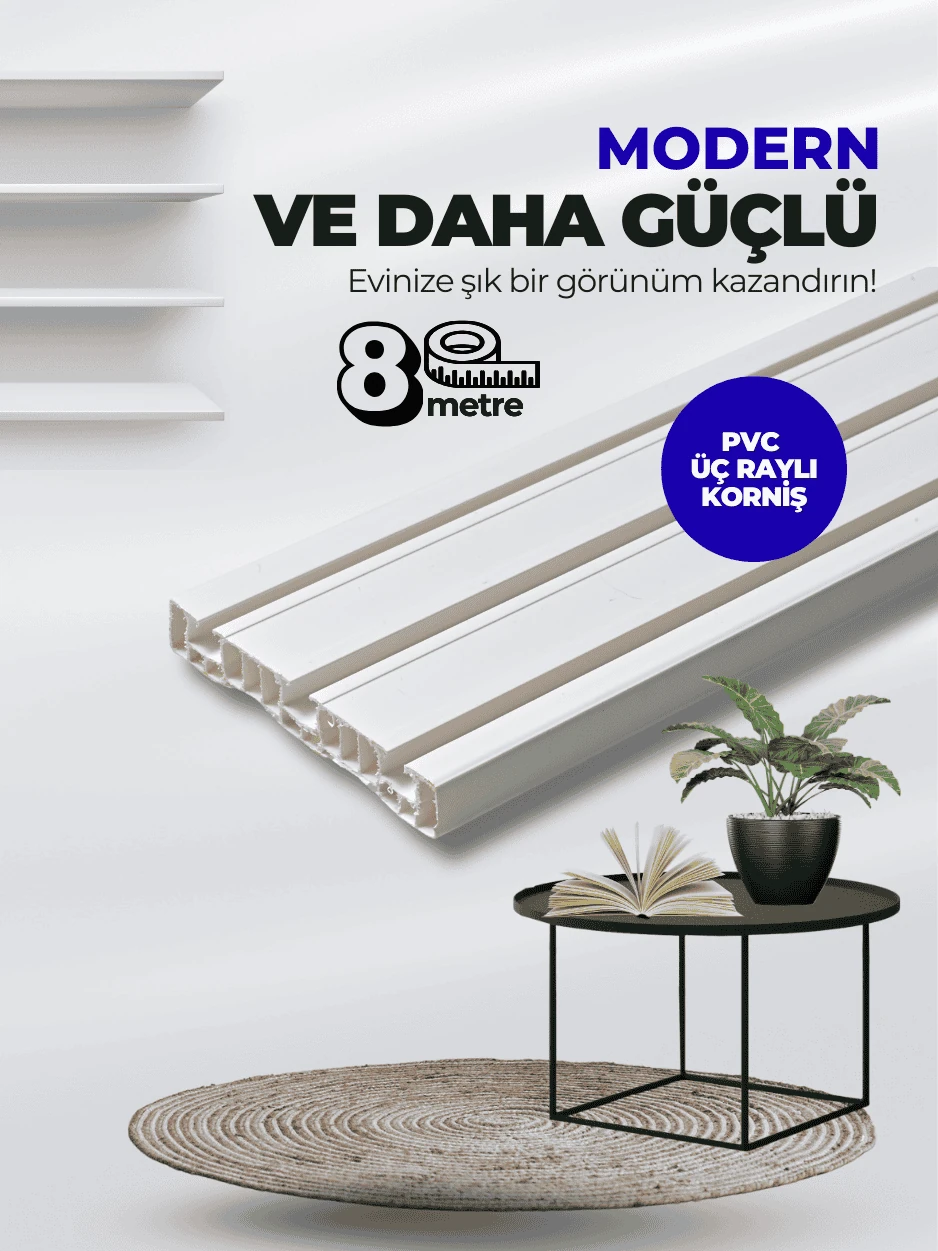Lüks 8 Metre 3 Raylı Premium PVC Perde Rayı 