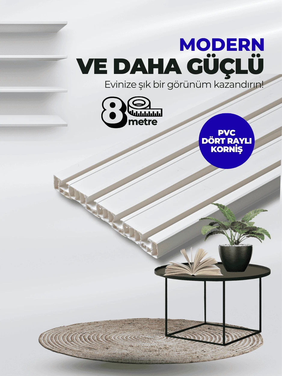 Lüx 8 Metre 4 Raylı Ekstra Uzun 1.Sınıf PVC Perde Tutucu Korniş
