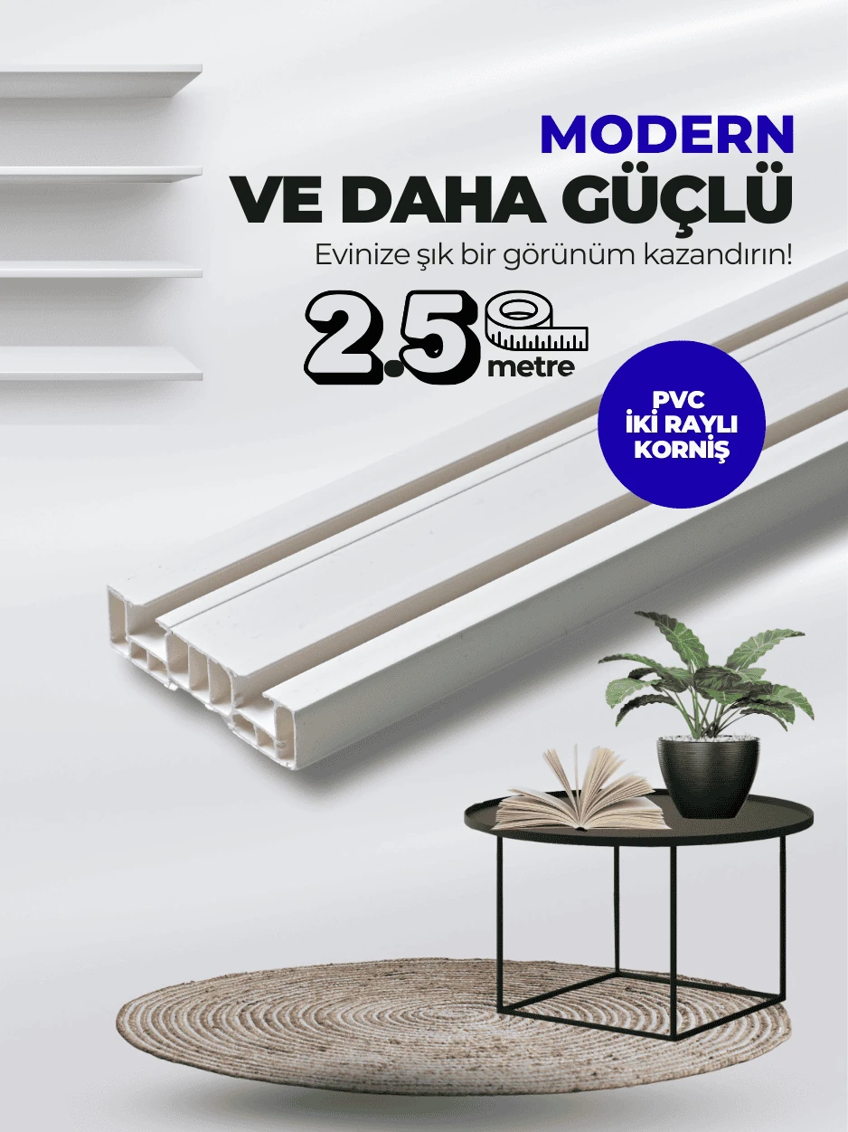 Lüx 2,5 Metre 2 Raylı Premium Dayanıklı PVC Perde Korniş 