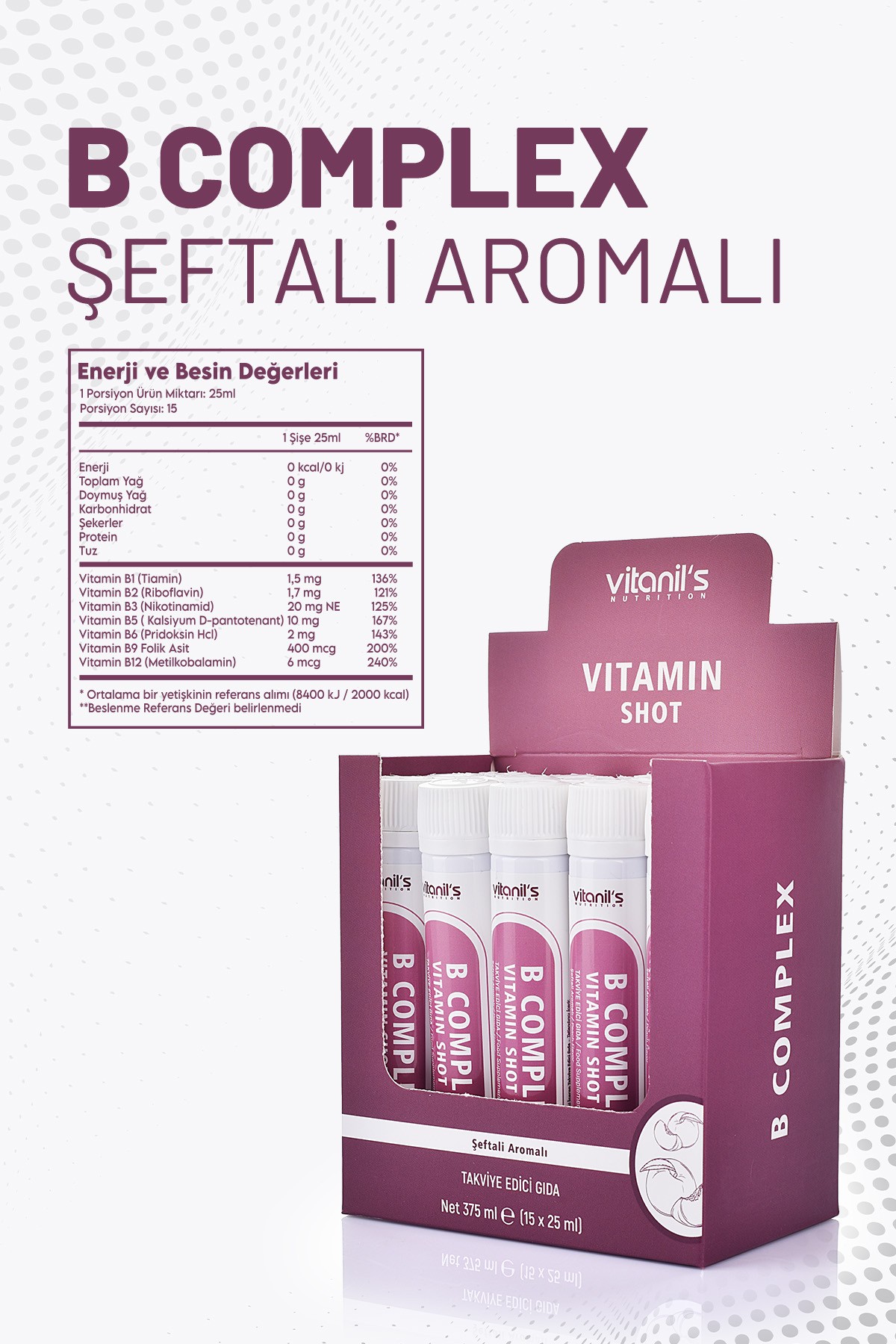 Vitamin B Complex Shot (Tiamin, Niasin, Pantotenik Asit, Pridoksin, Folat, Metilkobalamin) 15X25ml