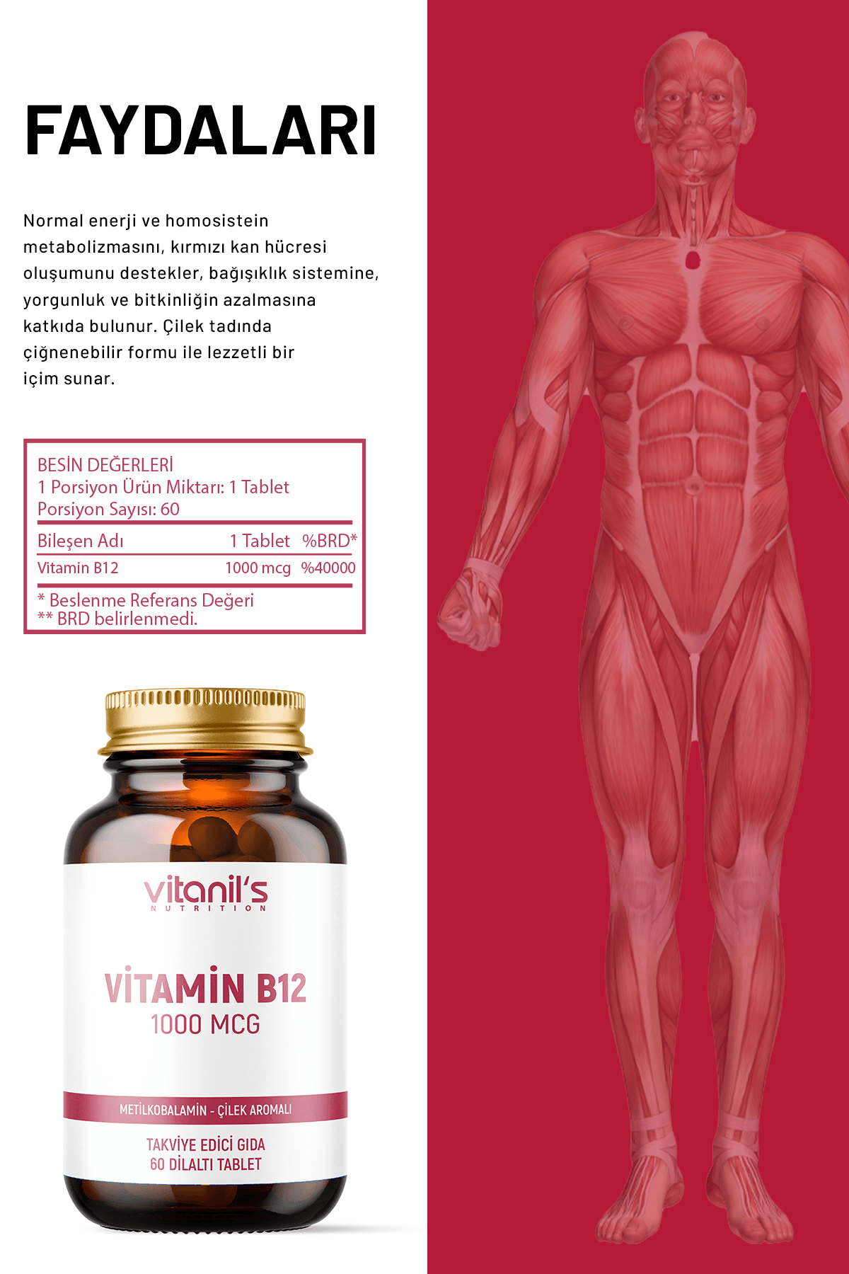 Vitamin B12 Chewable  Çilek Aromalı (Metilkobalamin) 60 Tablet - 1000 mcg