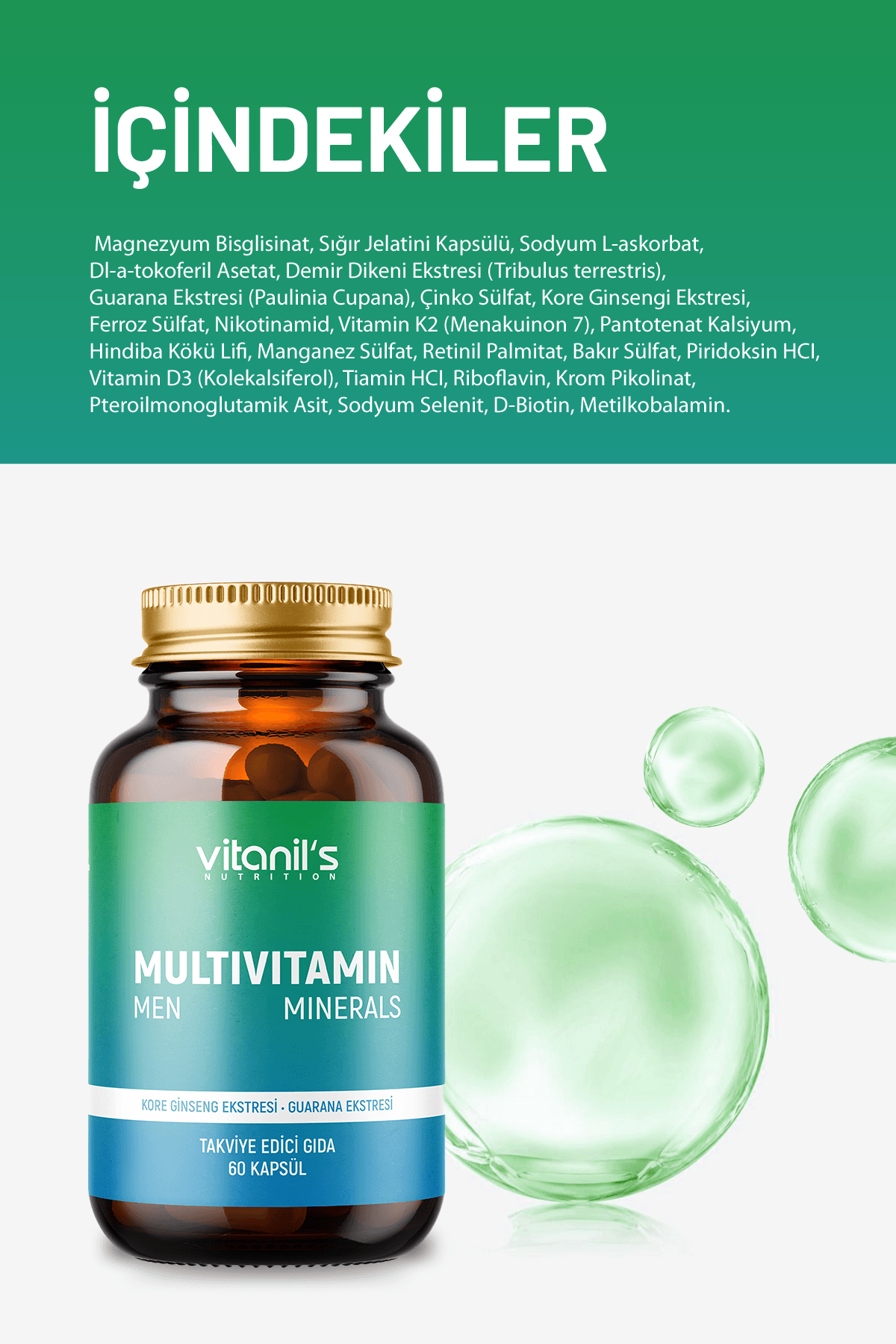 Multivitamin Minerals Men (13 Tip Vitamin 7 Tip Mineral, Korean Ginseng & Guarana) 60 Kapsül 