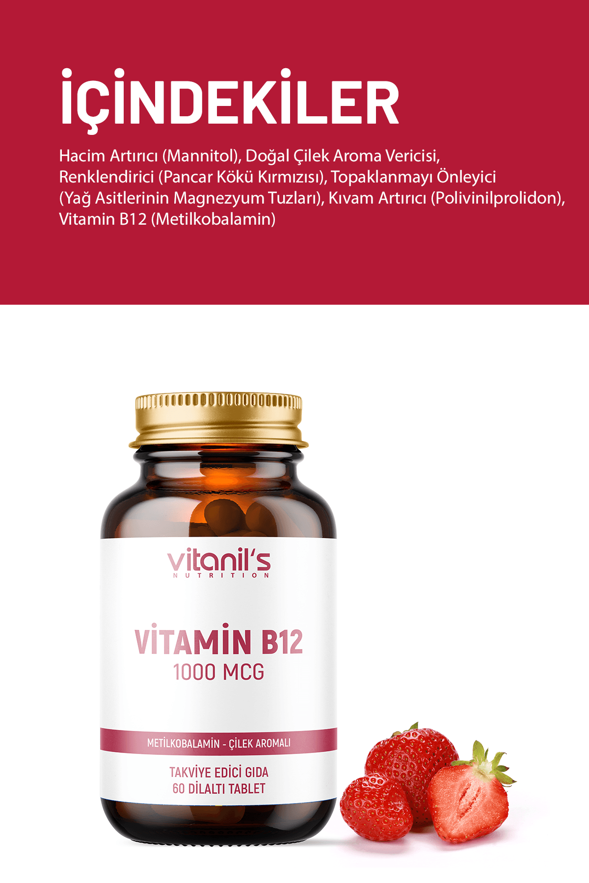 Vitamin B12 Chewable  Çilek Aromalı (Metilkobalamin) 60 Tablet - 1000 mcg