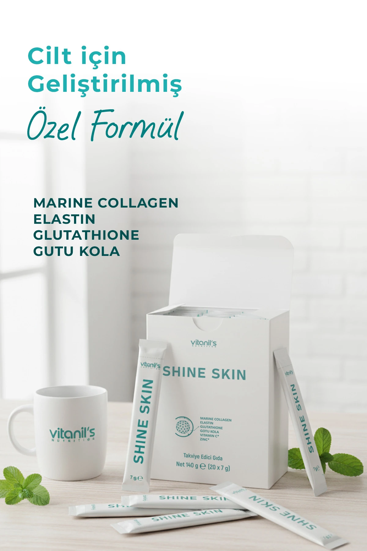 Shine Skin Powder (Toz Balık Kolajen & Elastin, Glutatyon & C Vitamini, Gotu Kola, Çinko) 20x7 gr