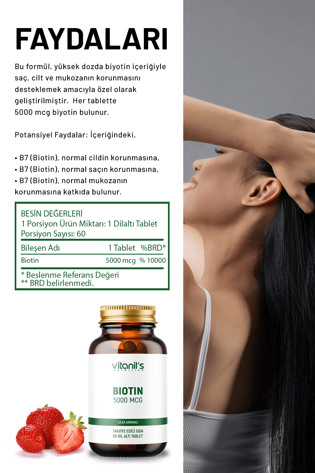 Biotin Chewable, Çilek Aromalı (B7 Vitamin) 60 Tablet - 5000 Mcg