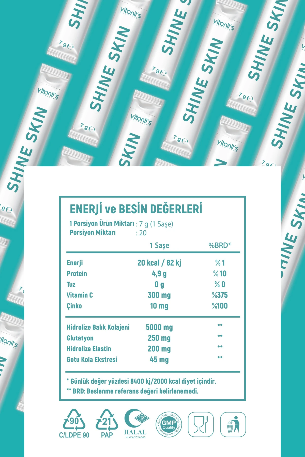 Shine Skin Powder (Toz Balık Kolajen & Elastin, Glutatyon & C Vitamini, Gotu Kola, Çinko) 20x7 gr