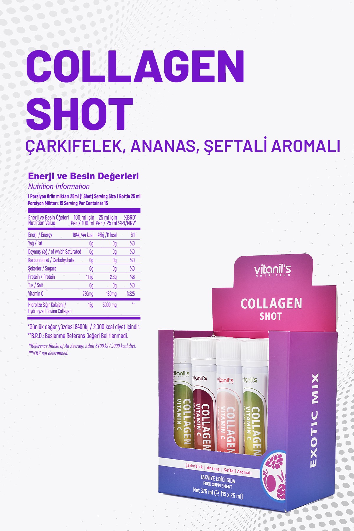Collagen Shot Exotic (Mix Şeftali, Ananas, Çarkıfelek Aromalı C Vitamini) 15*25ML