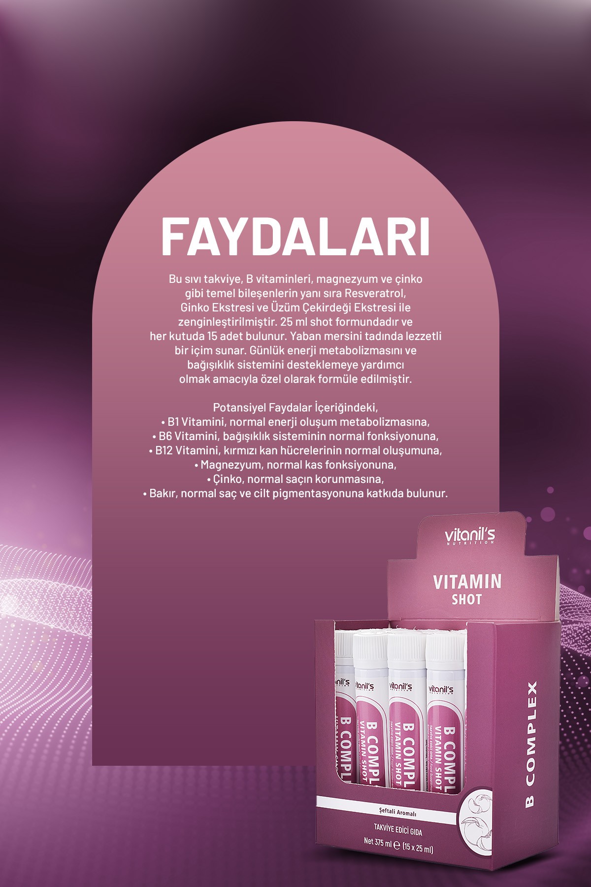 Vitamin B Complex Shot (Tiamin, Niasin, Pantotenik Asit, Pridoksin, Folat, Metilkobalamin) 15X25ml